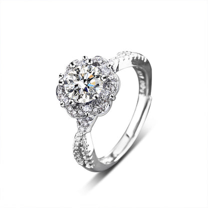 Adjustable Diamond Cut 925 Silver Ring with 1ct Moissanite Rhodium Plated Floral Women's Jewelry