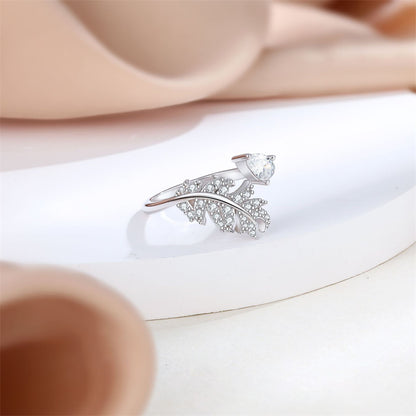 Adjustable Floral 925 Silver Ring - Nature-Inspired Open Band with Leaf & Wheat Motifs