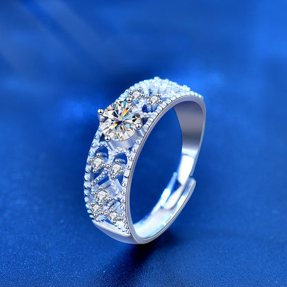 Adjustable Geometric 925 Silver Ring with 0.5ct Moissanite Rhodium Plated Open Band Women's Minimalist Jewelry