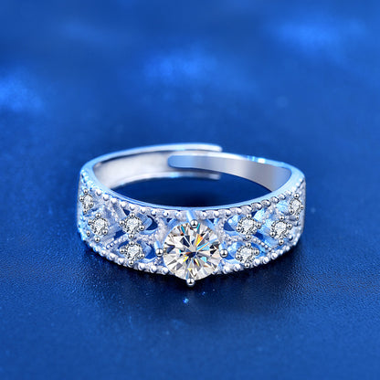 Adjustable Geometric 925 Silver Ring with 0.5ct Moissanite Rhodium Plated Open Band Women's Minimalist Jewelry