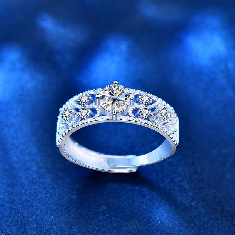Adjustable Geometric 925 Silver Ring with 0.5ct Moissanite Rhodium Plated Open Band Women's Minimalist Jewelry