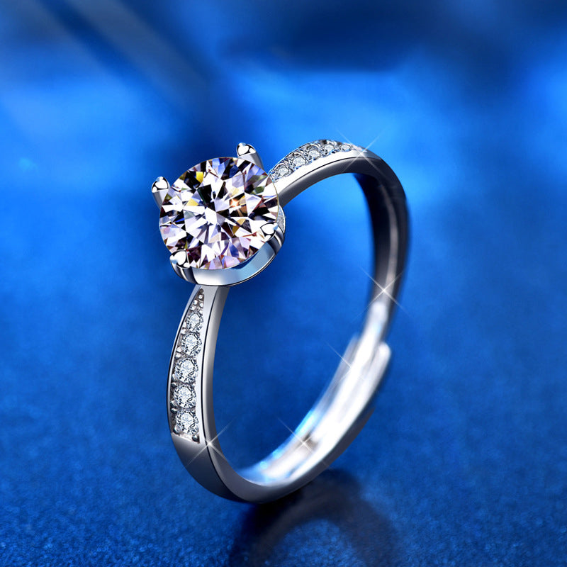 Adjustable Geometric 925 Silver Ring with 1ct Moissanite and Hearts & Arrows Zircon Heavy 0.05um Rhodium Plated