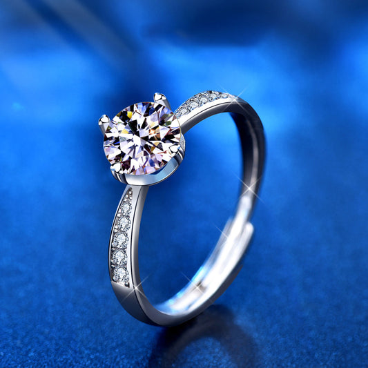 Adjustable Geometric 925 Silver Ring with 1ct Moissanite and Hearts & Arrows Zircon Heavy 0.05um Rhodium Plated