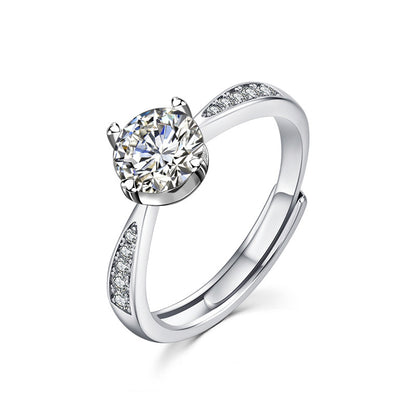 Adjustable Geometric 925 Silver Ring with 1ct Moissanite and Hearts & Arrows Zircon Heavy 0.05um Rhodium Plated