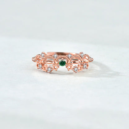 Adjustable Green Cubic Zirconia Open Ring for Women & Girls - Rhodium Plated 925 Silver Floral Geometric Design - Mother Daughter Matching Set