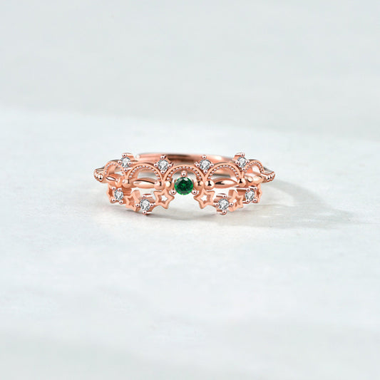 Adjustable Green Cubic Zirconia Open Ring for Women & Girls - Rhodium Plated 925 Silver Floral Geometric Design - Mother Daughter Matching Set