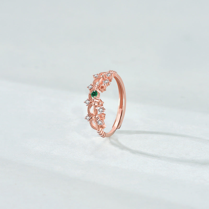 Adjustable Green Cubic Zirconia Open Ring for Women & Girls - Rhodium Plated 925 Silver Floral Geometric Design - Mother Daughter Matching Set