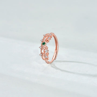 Adjustable Green Cubic Zirconia Open Ring for Women & Girls - Rhodium Plated 925 Silver Floral Geometric Design - Mother Daughter Matching Set