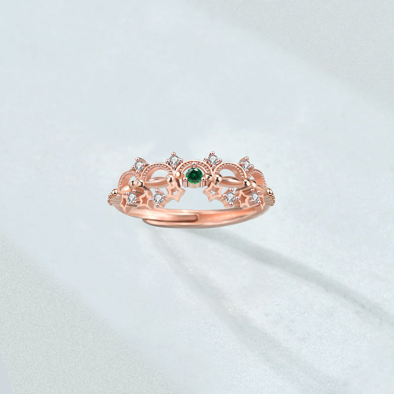 Adjustable Green Cubic Zirconia Open Ring for Women & Girls - Rhodium Plated 925 Silver Floral Geometric Design - Mother Daughter Matching Set