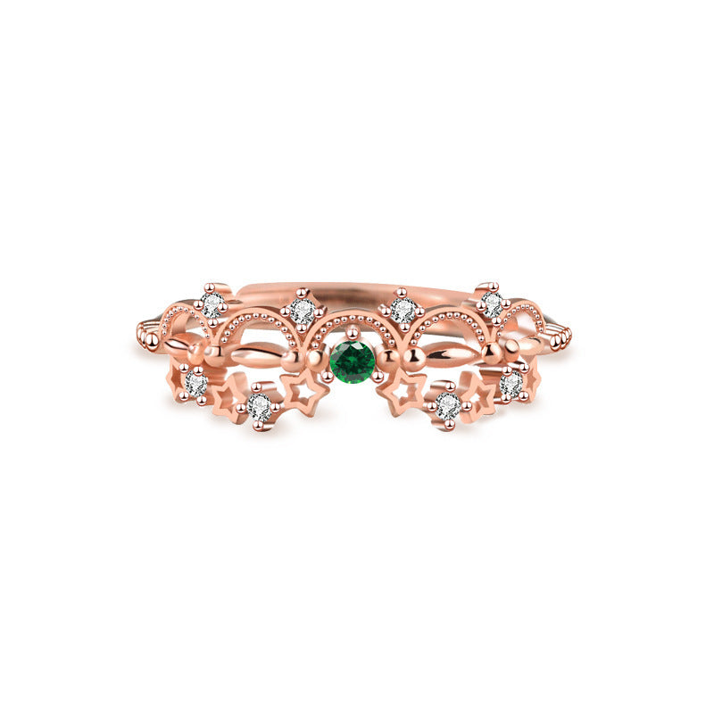 Adjustable Green Cubic Zirconia Open Ring for Women & Girls - Rhodium Plated 925 Silver Floral Geometric Design - Mother Daughter Matching Set