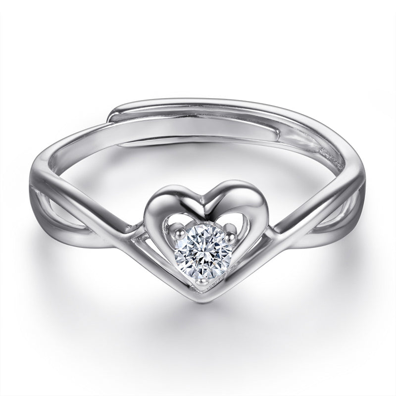 Adjustable Heart Zircon Ring - 925 Sterling Silver Minimalist Open Band Jewelry for Women