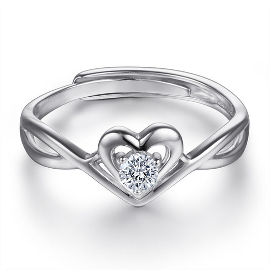 Adjustable Heart Zircon Ring - 925 Sterling Silver Minimalist Open Band Jewelry for Women