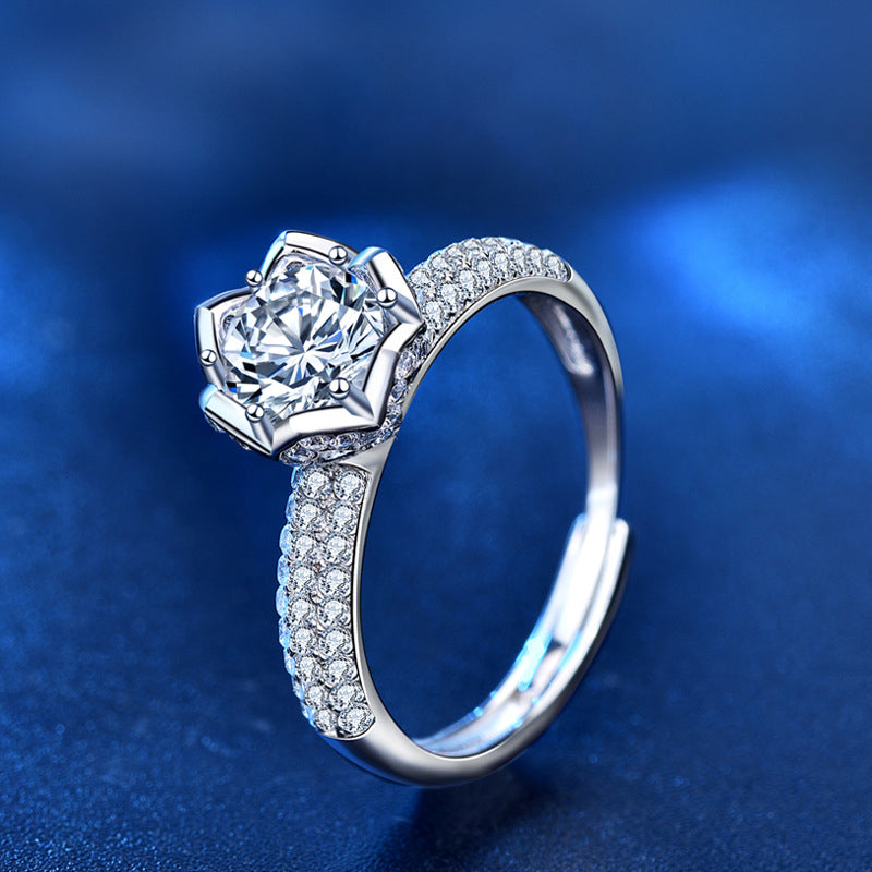 Adjustable Lotus Flower 925 Silver Ring with 1ct Moissanite Unique Women's Jewelry