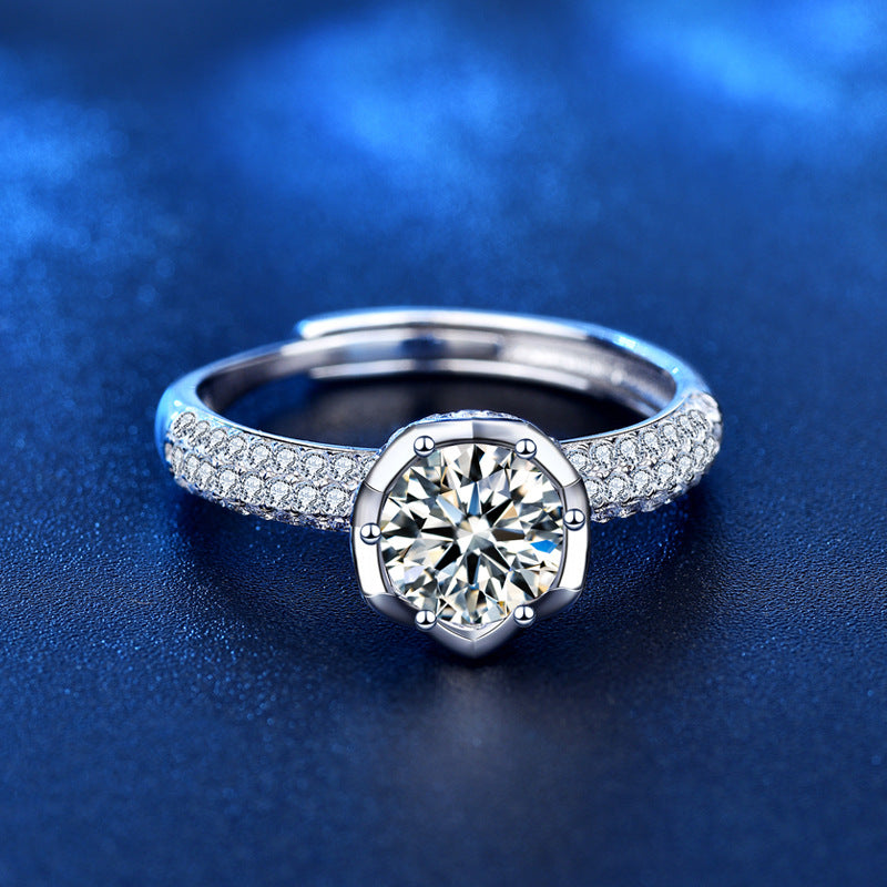 Adjustable Lotus Flower 925 Silver Ring with 1ct Moissanite Unique Women's Jewelry