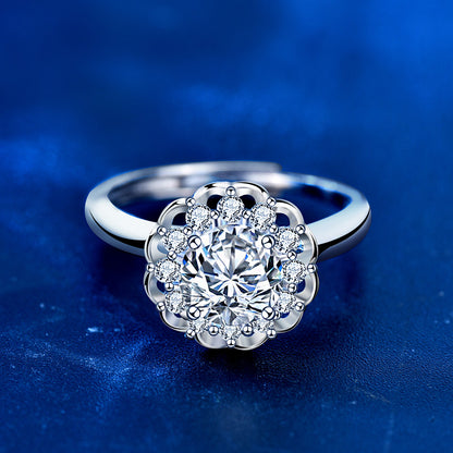 Adjustable Petal Design 925 Silver Ring with 1ct Moissanite Rhodium Plated Women's Luxury Jewelry
