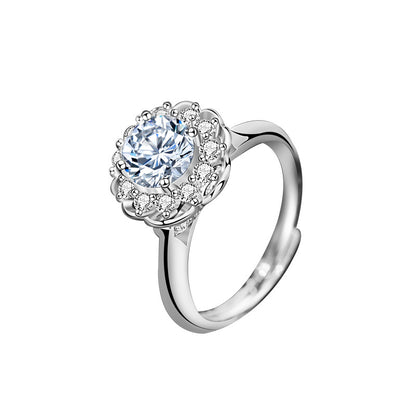 Adjustable Petal Design 925 Silver Ring with 1ct Moissanite Rhodium Plated Women's Luxury Jewelry