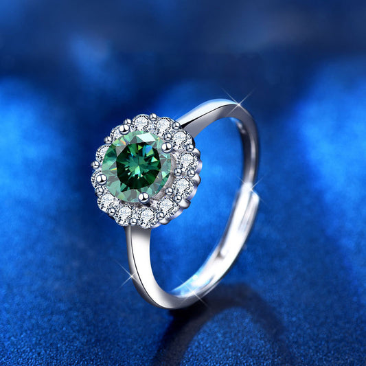 Vibrant adjustable sun ring with 1ct colored moissanite in rhodium plated 925 silver Nature inspired design 2.5g