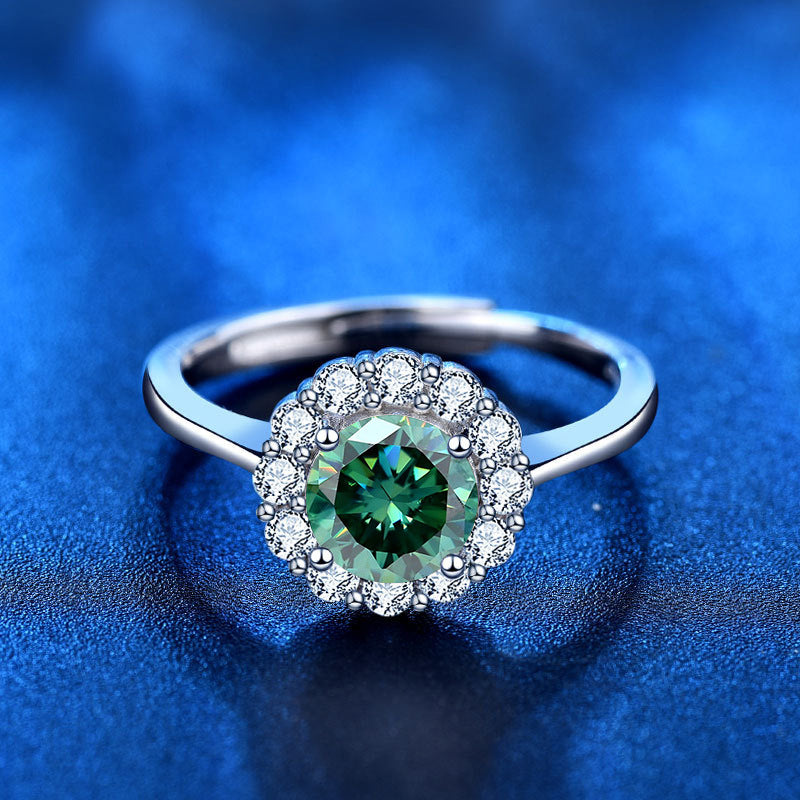 Vibrant adjustable sun ring with 1ct colored moissanite in rhodium plated 925 silver Nature inspired design 2.5g