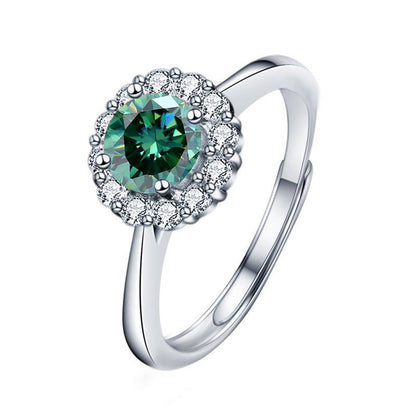Vibrant adjustable sun ring with 1ct colored moissanite in rhodium plated 925 silver Nature inspired design 2.5g