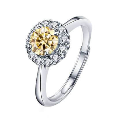 Vibrant adjustable sun ring with 1ct colored moissanite in rhodium plated 925 silver Nature inspired design 2.5g