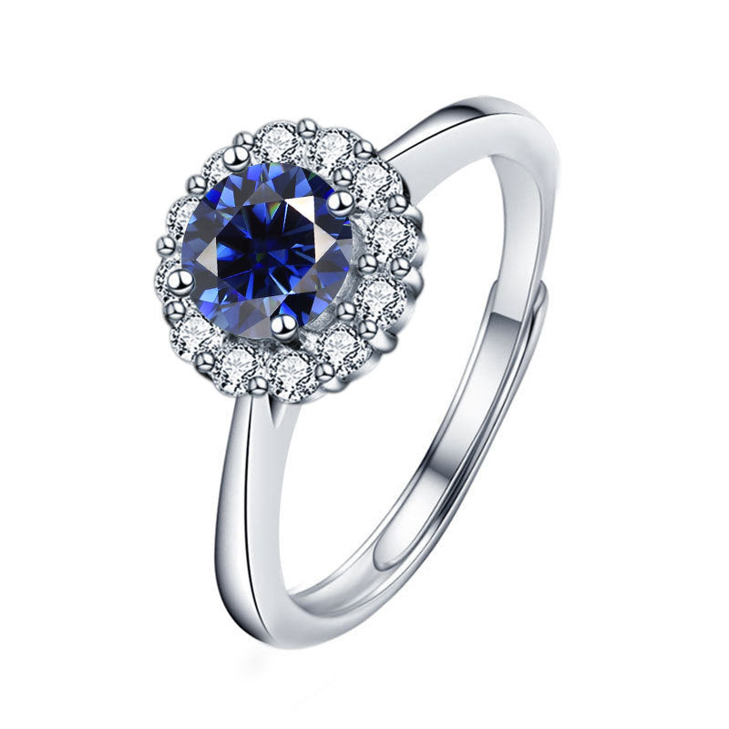Vibrant adjustable sun ring with 1ct colored moissanite in rhodium plated 925 silver Nature inspired design 2.5g