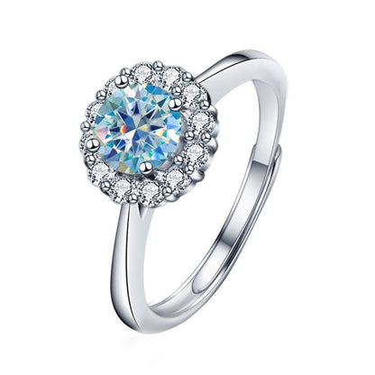 Vibrant adjustable sun ring with 1ct colored moissanite in rhodium plated 925 silver Nature inspired design 2.5g