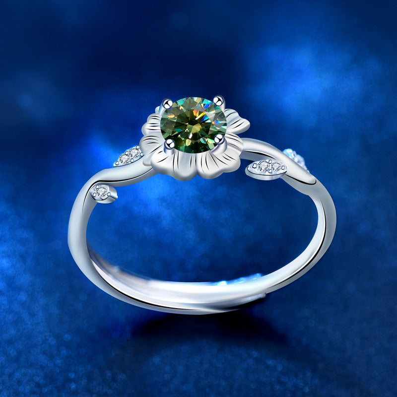Adjustable Sunflower 925 Silver Ring with 0.5ct Green/White/Champagne Moissanite Rhodium Plated Floral Boho Women's Jewelry