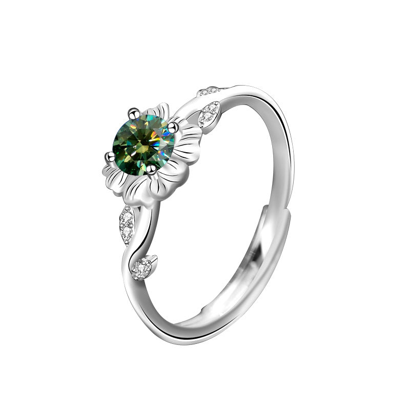 Adjustable Sunflower 925 Silver Ring with 0.5ct Green/White/Champagne Moissanite Rhodium Plated Floral Boho Women's Jewelry