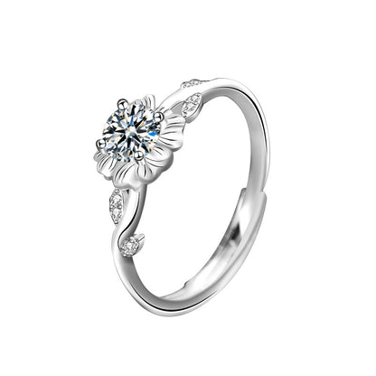 Adjustable Sunflower 925 Silver Ring with 0.5ct Green/White/Champagne Moissanite Rhodium Plated Floral Boho Women's Jewelry
