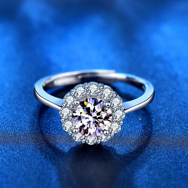 Adjustable Sunflower Geometric 925 Silver Ring with 1ct/2ct D Color White/Green Moissanite Heavy 0.05um Rhodium Plated