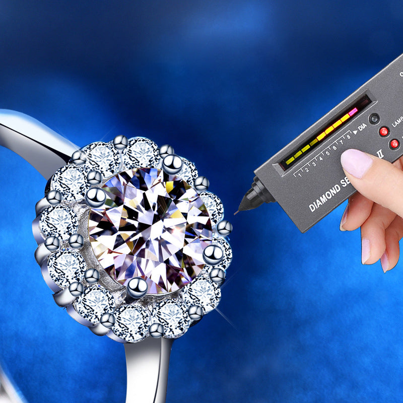 Adjustable Sunflower Geometric 925 Silver Ring with 1ct/2ct D Color White/Green Moissanite Heavy 0.05um Rhodium Plated