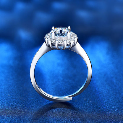 Adjustable Sunflower Geometric 925 Silver Ring with 1ct/2ct D Color White/Green Moissanite Heavy 0.05um Rhodium Plated