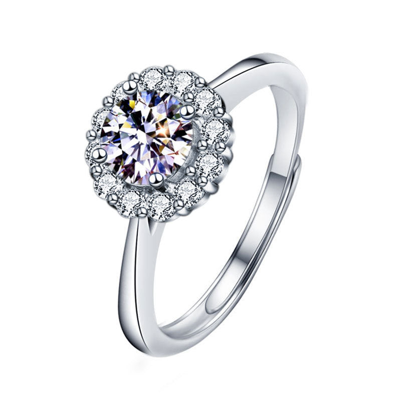 Adjustable Sunflower Geometric 925 Silver Ring with 1ct/2ct D Color White/Green Moissanite Heavy 0.05um Rhodium Plated