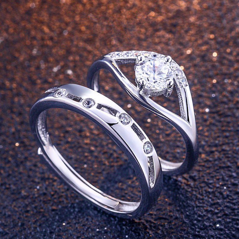 Adjustable Zircon Couple Rings Set - 925 Sterling Silver Geometric Wedding Bands