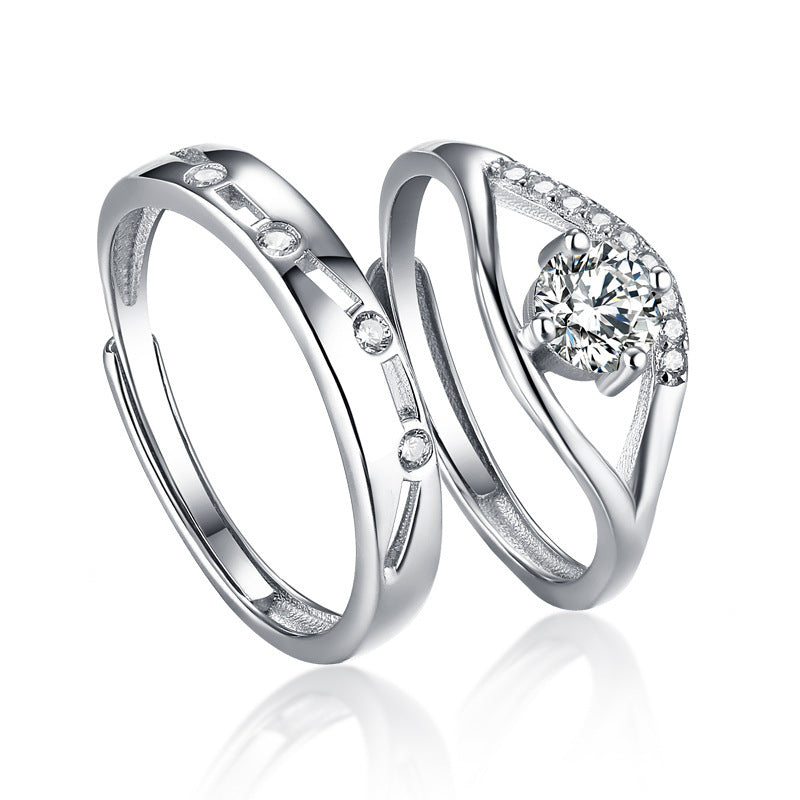Adjustable Zircon Couple Rings Set - 925 Sterling Silver Geometric Wedding Bands