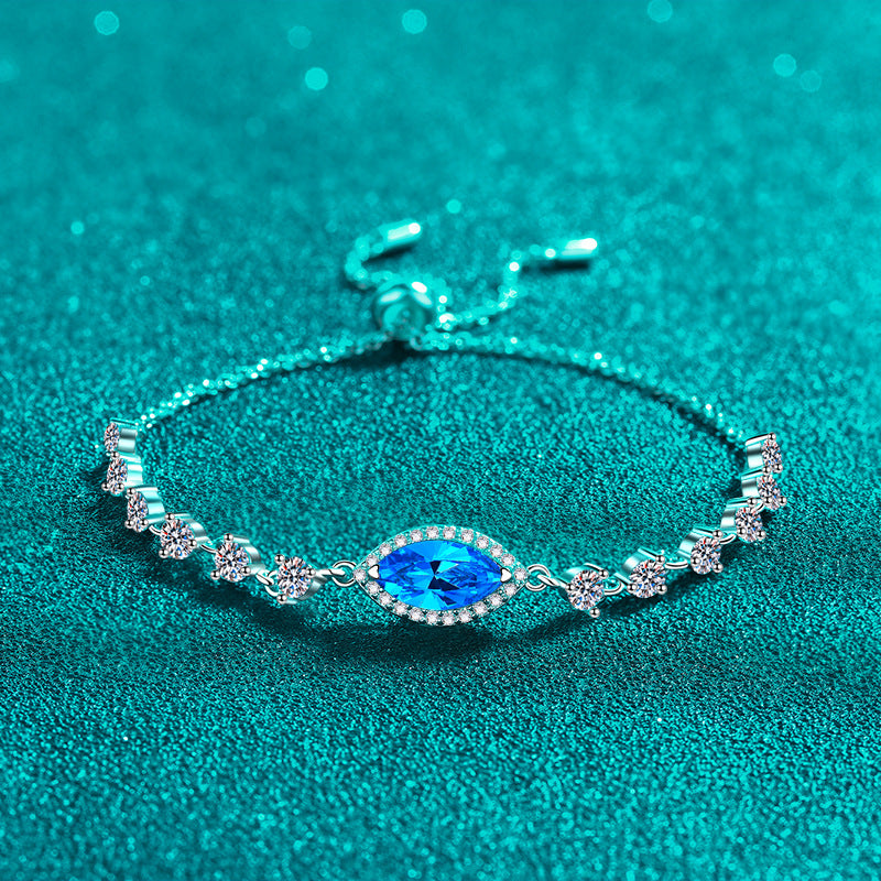 Artisan Rhodium-Plated Sterling Silver Botanical Charm Bracelet with 1ct White & Blue Moissanite