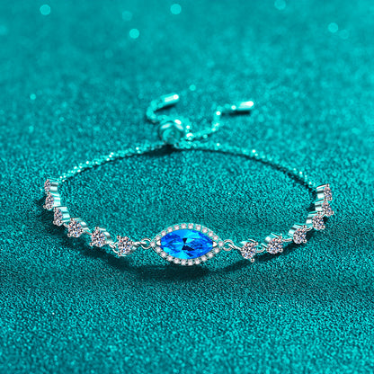 Artisan Rhodium-Plated Sterling Silver Botanical Charm Bracelet with 1ct White & Blue Moissanite