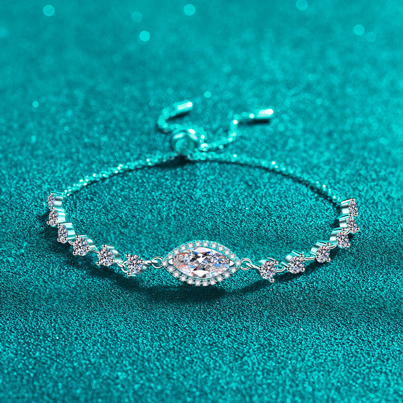 Artisan Rhodium-Plated Sterling Silver Botanical Charm Bracelet with 1ct White & Blue Moissanite