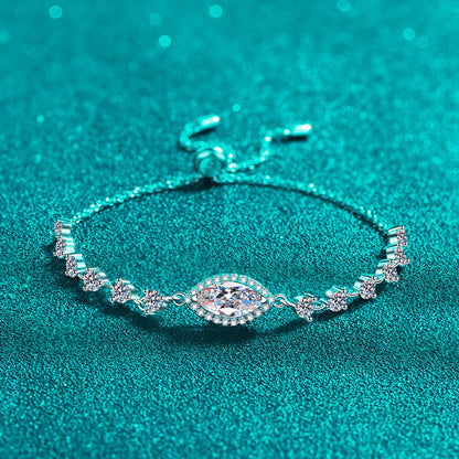 Artisan Rhodium-Plated Sterling Silver Botanical Charm Bracelet with 1ct White & Blue Moissanite