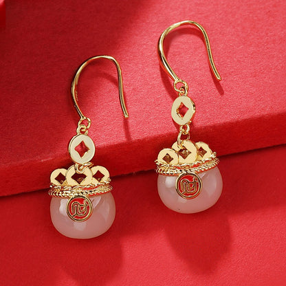 925 Sterling Silver Auspicious Cloud Earrings - Chinese Style Jade Inlaid Jewelry for Women