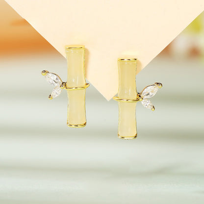 925 Sterling Silver Bamboo Jade Stud Earrings - New Chinese Style Natural Gemstone Earrings for Women