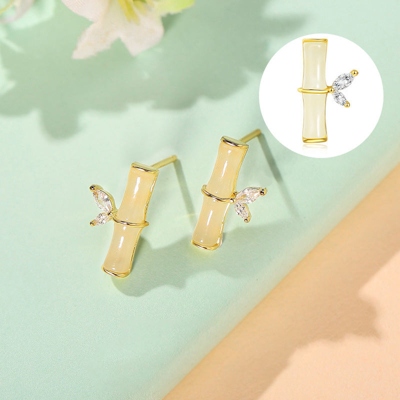 925 Sterling Silver Bamboo Jade Stud Earrings - New Chinese Style Natural Gemstone Earrings for Women