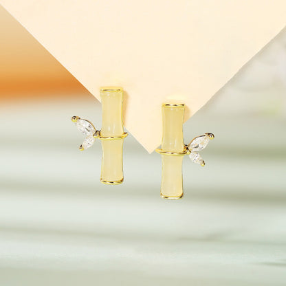 925 Sterling Silver Bamboo Jade Stud Earrings - New Chinese Style Natural Gemstone Earrings for Women