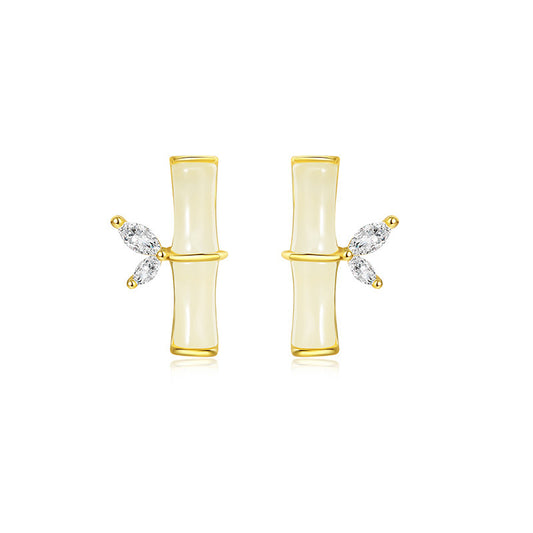 925 Sterling Silver Bamboo Jade Stud Earrings - New Chinese Style Natural Gemstone Earrings for Women