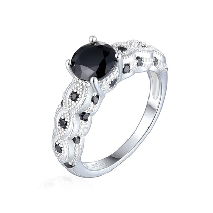 Black Zirconia 925 Silver Ring - Trendy Geometric Floral Band for Women