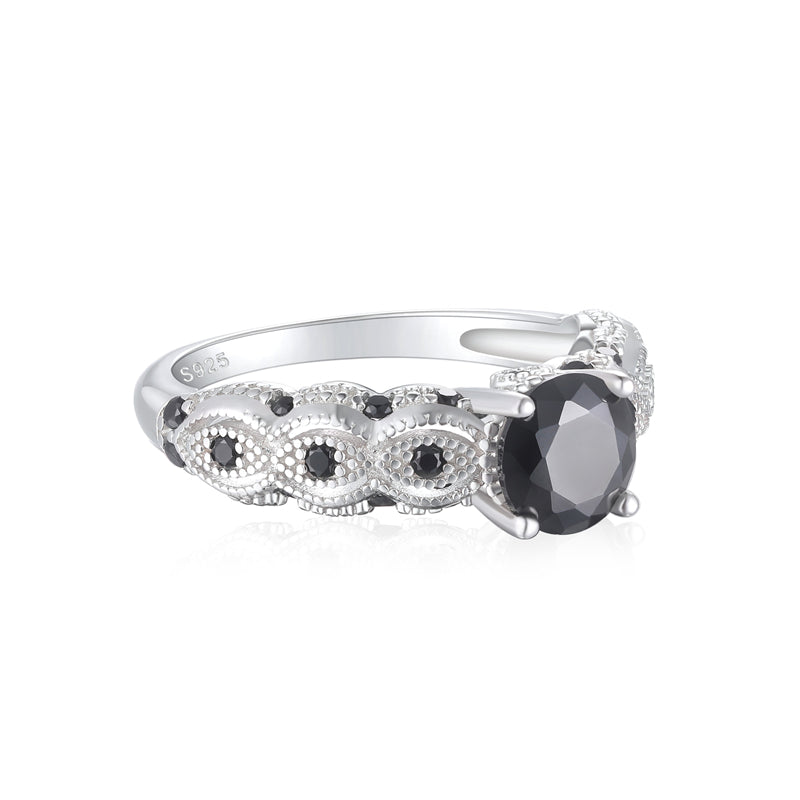 Black Zirconia 925 Silver Ring - Trendy Geometric Floral Band for Women