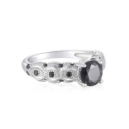 Black Zirconia 925 Silver Ring - Trendy Geometric Floral Band for Women