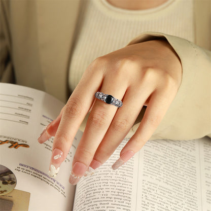 Black Zirconia 925 Silver Ring - Trendy Geometric Floral Band for Women