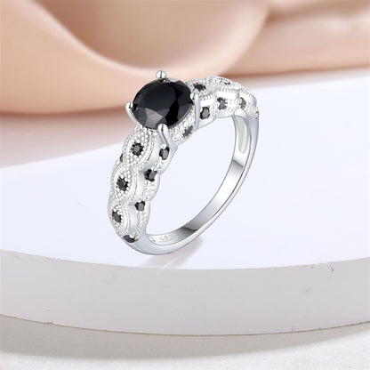Black Zirconia 925 Silver Ring - Trendy Geometric Floral Band for Women