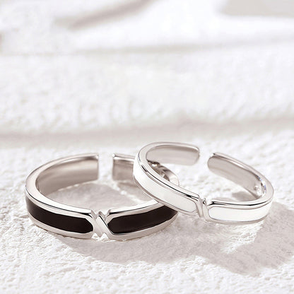 Black & White Bond Couple Rings - 925 Sterling Silver Japanese-Inspired Long Distance Matching Set